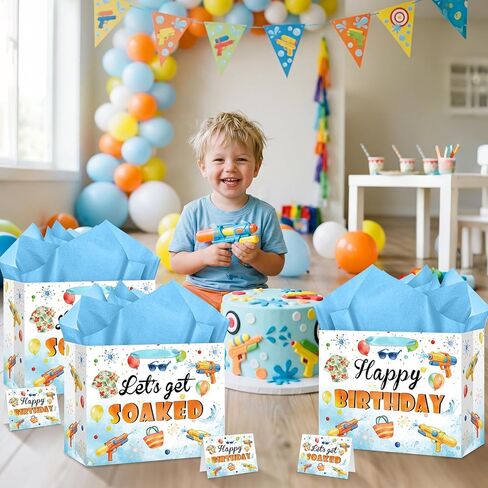 Water Gun Birthday Party Supplies Water Gun Birthday Gift Bag with Wrapping Paper and Card Large Summer Pool Party Wrapping Paper Bag for Boys Girls Beach Water Gun Theme Birthday Party Decorations in Kuwait