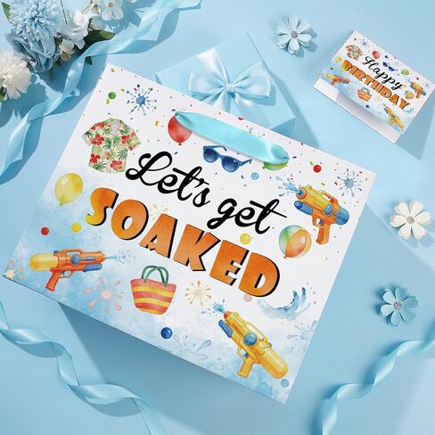 Water Gun Birthday Party Supplies Water Gun Birthday Gift Bag with Wrapping Paper and Card Large Summer Pool Party Wrapping Paper Bag for Boys Girls Beach Water Gun Theme Birthday Party Decorations in Kuwait