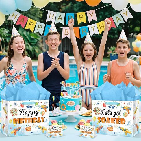 Water Gun Birthday Party Supplies Water Gun Birthday Gift Bag with Wrapping Paper and Card Large Summer Pool Party Wrapping Paper Bag for Boys Girls Beach Water Gun Theme Birthday Party Decorations in Kuwait