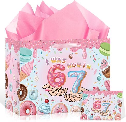 6 7 Birthday Decorations Gift Bag 6 7 Meme Donut Favor Bag with Tissue Paper Card I was 6 Now I'm 7 Year Old Decorations for Girls Donut Grow up Party Sweet 7 Years Old Birthday Party Supplies in Kuwait