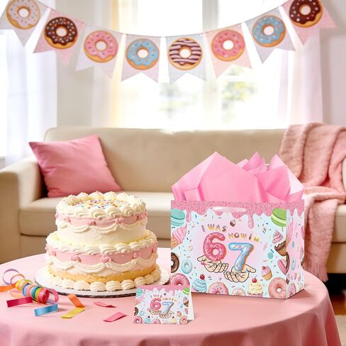 6 7 Birthday Decorations Gift Bag 6 7 Meme Donut Favor Bag with Tissue Paper Card I was 6 Now I'm 7 Year Old Decorations for Girls Donut Grow up Party Sweet 7 Years Old Birthday Party Supplies in Kuwait