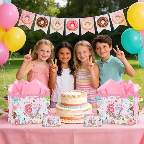 6 7 Birthday Decorations Gift Bag 6 7 Meme Donut Favor Bag with Tissue Paper Card I was 6 Now I'm 7 Year Old Decorations for Girls Donut Grow up Party Sweet 7 Years Old Birthday Party Supplies in Kuwait