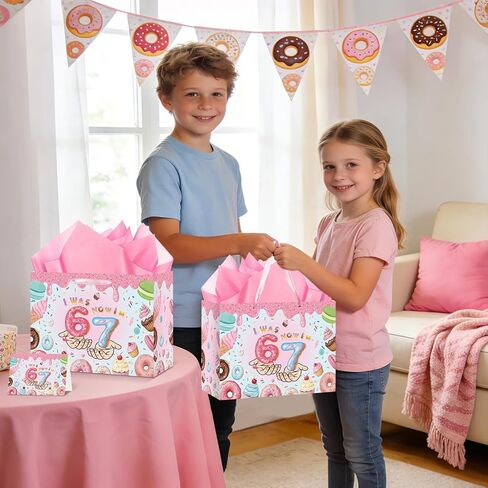 6 7 Birthday Decorations Gift Bag 6 7 Meme Donut Favor Bag with Tissue Paper Card I was 6 Now I'm 7 Year Old Decorations for Girls Donut Grow up Party Sweet 7 Years Old Birthday Party Supplies in Kuwait