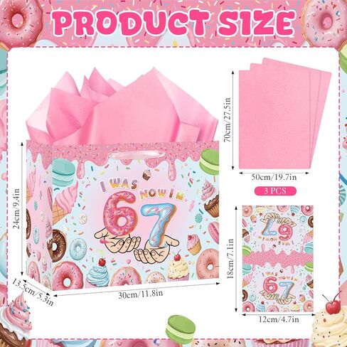 6 7 Birthday Decorations Gift Bag 6 7 Meme Donut Favor Bag with Tissue Paper Card I was 6 Now I'm 7 Year Old Decorations for Girls Donut Grow up Party Sweet 7 Years Old Birthday Party Supplies in Kuwait
