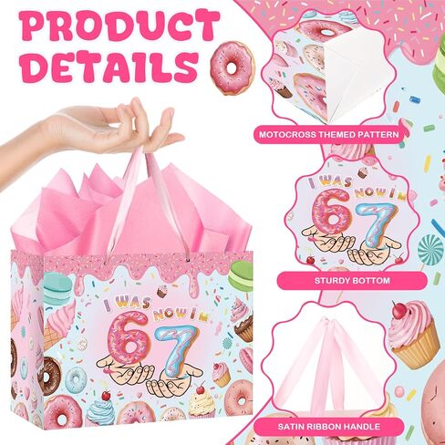 6 7 Birthday Decorations Gift Bag 6 7 Meme Donut Favor Bag with Tissue Paper Card I was 6 Now I'm 7 Year Old Decorations for Girls Donut Grow up Party Sweet 7 Years Old Birthday Party Supplies in Kuwait