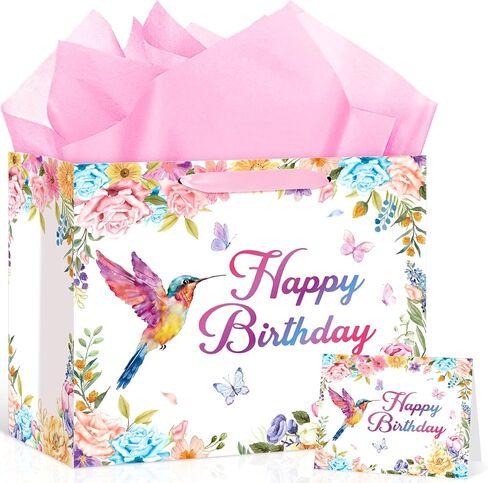 Hummingbird Birthday Gift Bag with Wrapping Paper and Greeting Card Floral Hummingbird Party Supplies Happy Birthday Classroom Party Wrapping Paper Bag for Women Girls Flower Bird Party Decorations in Kuwait
