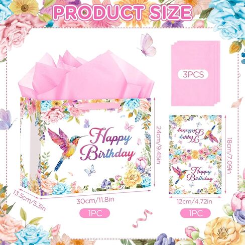 Hummingbird Birthday Gift Bag with Wrapping Paper and Greeting Card Floral Hummingbird Party Supplies Happy Birthday Classroom Party Wrapping Paper Bag for Women Girls Flower Bird Party Decorations in Kuwait