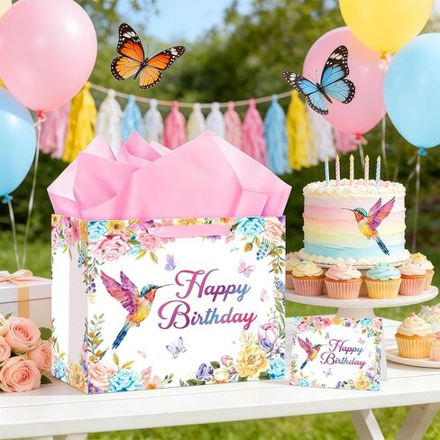 Hummingbird Birthday Gift Bag with Wrapping Paper and Greeting Card Floral Hummingbird Party Supplies Happy Birthday Classroom Party Wrapping Paper Bag for Women Girls Flower Bird Party Decorations in Kuwait