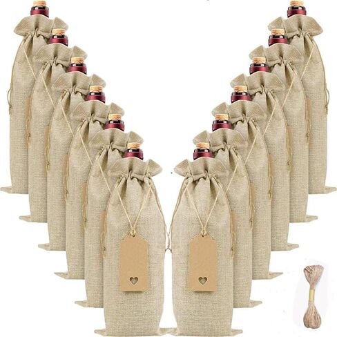 Islmlisa 12 Pack Burlap Wine Bags with Drawstring Tags & Ropes – Reusable Gift Bags for Bottles, Rustic Wedding Favors, Party Decor, Holiday Gifts, Fits 750ml Wine Bottles (Primary color) in Saudi Arabia