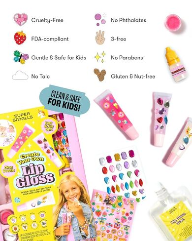 Super Smalls Create Your Own Lip Gloss Kit for Kids — Mix Strawberry Scented Clear Lip Gloss & Decorate 3 tubes with Gems & Stickers | Non-Toxic, Kid-Safe Creative Craft Activity, Ages 6+ in Saudi Arabia