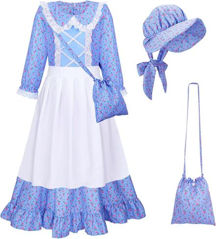 Meland Pioneer Dress for Girls, Colonial Floral Costume with Bonnet Apron & Purse, Dress Up Clothes for Girls Ages 5-13 in Saudi Arabia