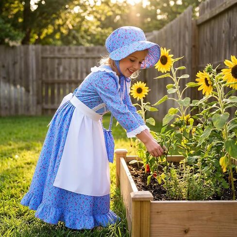 Meland Pioneer Dress for Girls, Colonial Floral Costume with Bonnet Apron & Purse, Dress Up Clothes for Girls Ages 5-13 in Saudi Arabia