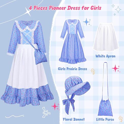 Meland Pioneer Dress for Girls, Colonial Floral Costume with Bonnet Apron & Purse, Dress Up Clothes for Girls Ages 5-13 in Saudi Arabia
