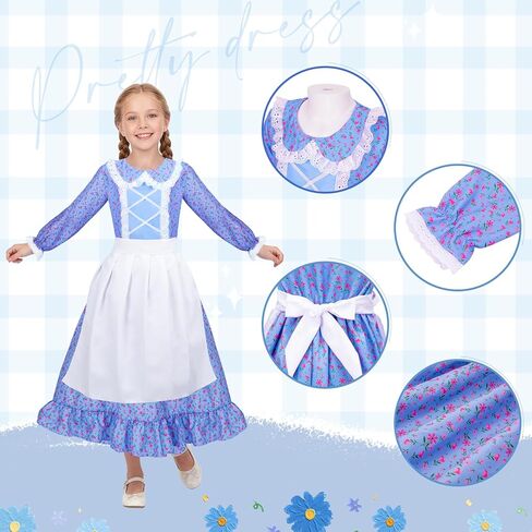 Meland Pioneer Dress for Girls, Colonial Floral Costume with Bonnet Apron & Purse, Dress Up Clothes for Girls Ages 5-13 in Saudi Arabia
