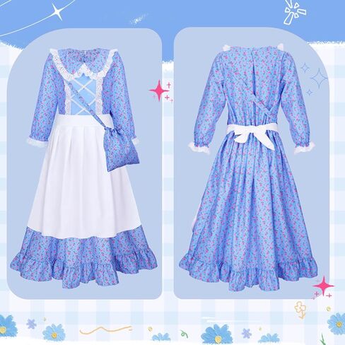 Meland Pioneer Dress for Girls, Colonial Floral Costume with Bonnet Apron & Purse, Dress Up Clothes for Girls Ages 5-13 in Saudi Arabia