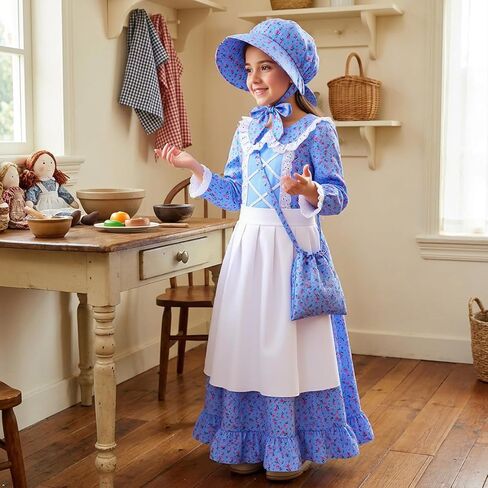 Meland Pioneer Dress for Girls, Colonial Floral Costume with Bonnet Apron & Purse, Dress Up Clothes for Girls Ages 5-13 in Saudi Arabia