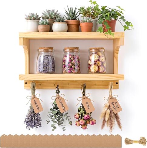 Herb Drying Rack Hanging 3 Tier Wood Flower and Herb Drying Rack Wall Mounted Herbs Dryer Kit with Hooks Labels and Twine for Grass Display Kitchen Garden Home Decor in Kuwait