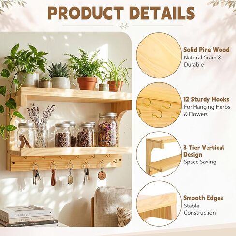 Herb Drying Rack Hanging 3 Tier Wood Flower and Herb Drying Rack Wall Mounted Herbs Dryer Kit with Hooks Labels and Twine for Grass Display Kitchen Garden Home Decor in Kuwait