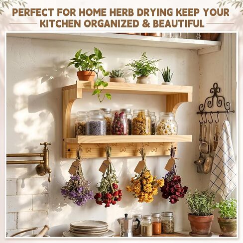 Herb Drying Rack Hanging 3 Tier Wood Flower and Herb Drying Rack Wall Mounted Herbs Dryer Kit with Hooks Labels and Twine for Grass Display Kitchen Garden Home Decor in Kuwait