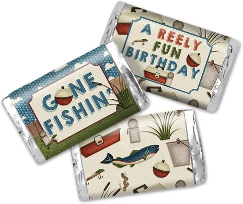 Amanda Creation Fishing Theme Birthday Party Mini Chocolate Candy Bar Sticker Wrappers for Kids, 45 Count 1.4 x 2.6 Inch Wrap Labels, Gone Fishing Party Favor Design, Made in USA in Kuwait