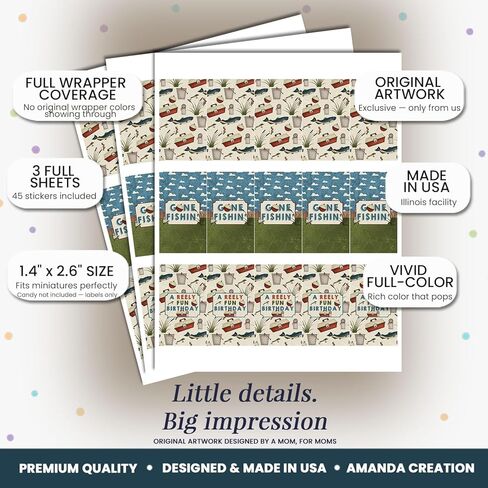 Amanda Creation Fishing Theme Birthday Party Mini Chocolate Candy Bar Sticker Wrappers for Kids, 45 Count 1.4 x 2.6 Inch Wrap Labels, Gone Fishing Party Favor Design, Made in USA in Kuwait