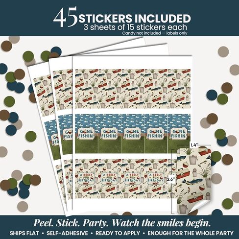 Amanda Creation Fishing Theme Birthday Party Mini Chocolate Candy Bar Sticker Wrappers for Kids, 45 Count 1.4 x 2.6 Inch Wrap Labels, Gone Fishing Party Favor Design, Made in USA in Kuwait