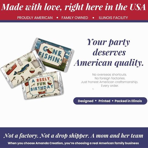 Amanda Creation Fishing Theme Birthday Party Mini Chocolate Candy Bar Sticker Wrappers for Kids, 45 Count 1.4 x 2.6 Inch Wrap Labels, Gone Fishing Party Favor Design, Made in USA in Kuwait