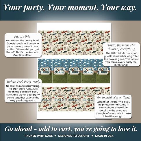 Amanda Creation Fishing Theme Birthday Party Mini Chocolate Candy Bar Sticker Wrappers for Kids, 45 Count 1.4 x 2.6 Inch Wrap Labels, Gone Fishing Party Favor Design, Made in USA in Kuwait