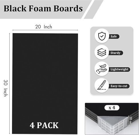 Elcoho 4 Pack Black Foam Board 20 x 30 Inch Thick Foam Core Board for Projects, Double-Sided Acid-Free Foam Poster Boards for Graduation DIY, Painting, Displaying, School and Craft Projects in Kuwait