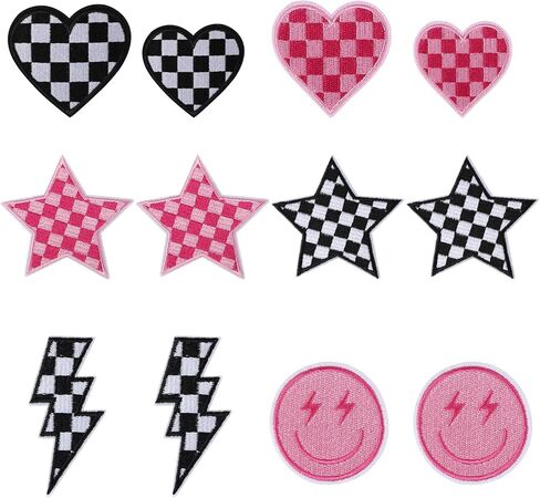 12Pcs Checkered Iron on Patches Racing Lightning Bolt Smile Face Heart Star Sew on Repair Embroidered DIY Accessories for Backpacks Clothes Jeans Jackets Vest Denim Bags Hats in Kuwait