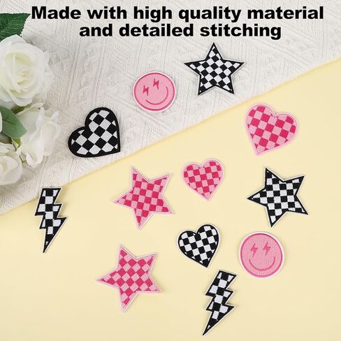 12Pcs Checkered Iron on Patches Racing Lightning Bolt Smile Face Heart Star Sew on Repair Embroidered DIY Accessories for Backpacks Clothes Jeans Jackets Vest Denim Bags Hats in Kuwait