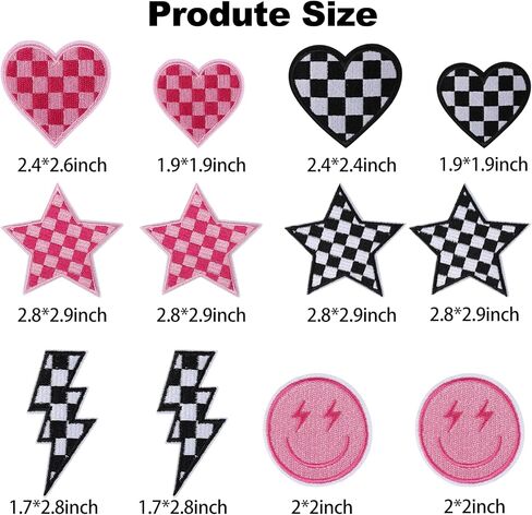 12Pcs Checkered Iron on Patches Racing Lightning Bolt Smile Face Heart Star Sew on Repair Embroidered DIY Accessories for Backpacks Clothes Jeans Jackets Vest Denim Bags Hats in Kuwait