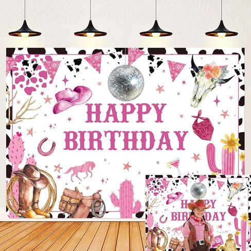 Western Cowgirl Happy Birthday Backdrop Disco Pink Wild West Cow Print Cactus Photography Background for Girls Women Birthday Party Decorations Banner (82x59 inch (7x5FT)) in Saudi Arabia