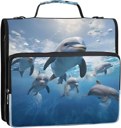 ALAZA Ocean Fish Dolphin Sky Zipper Binder 3 حلقات منظم مع سحاب وحزام كتف سعة كبيرة متعددة الجيوب للعمل في اللوازم المكتبية in Kuwait