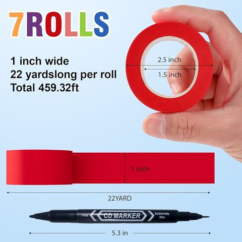 7 Rolls Thin Washi Tape with Pen - 0.74 Inch x 22 Yards Rainbow Masking Tape for Arts and Crafts, DIY Journaling, Scrapbooking - Removable Colored Tape for Artists & Kids, Residue Free in Saudi Arabia