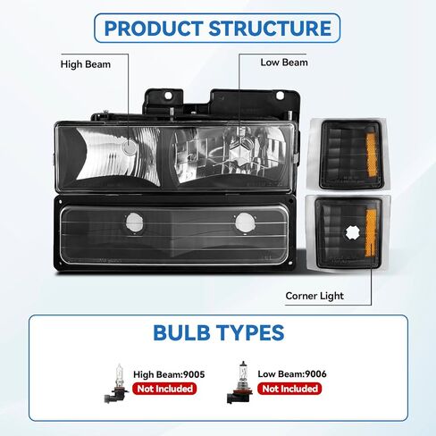 Headlight Assembly for 1994-1998 Chevy C10 Silverado Tahoe Suburban C/K 1500 2500 3500 Blazer, Driver & Passenger Side,Black Housing, OE Replacement (No Bulbs) in Saudi Arabia