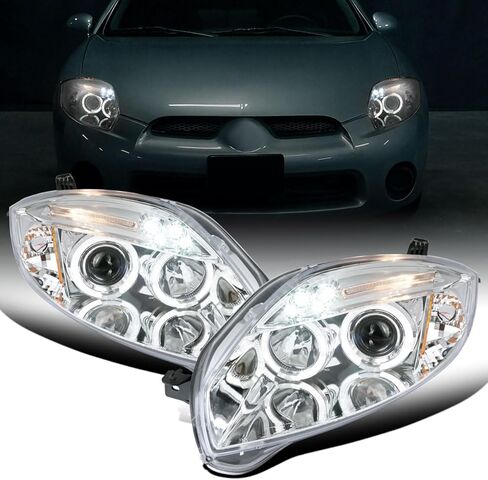 Ronnin - يناسب 2006-2012 Mitsubishi Eclipse زوج تجميع المصابيح الأمامية لجهاز العرض LED ذو الحواف المزدوجة | أسود in Kuwait