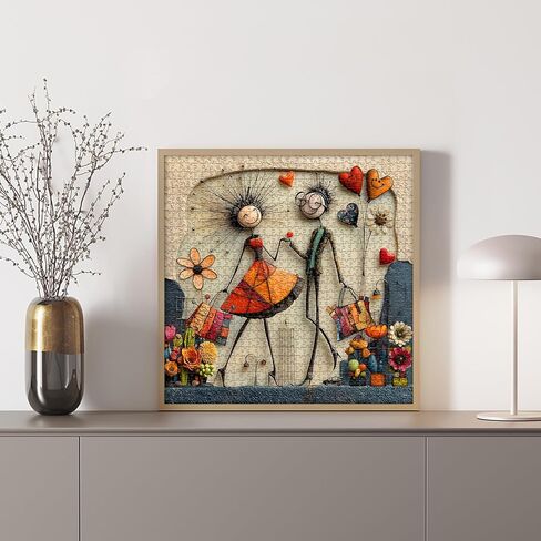 Abstract Romantic Couples Puzzle for Adults, Whimsical Folk Art Vintage Jigsaw Puzzles 1000 Pieces, Colorful Flower Love Challenge Puzzle in Kuwait