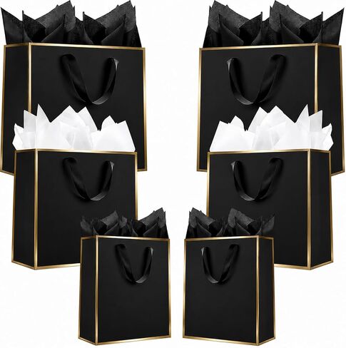 Offizon 12 Pcs Black Gift Bags, Gift Bags with Tissue Paper (4 Small 6", 4 Medium 8.7", 4 Large 12.6"), Paper Bags with Handles for Birthdays and Holidays in Saudi Arabia