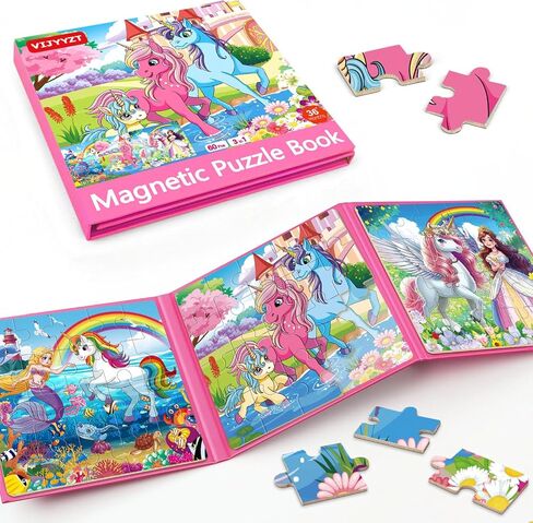 Unicorn Mermaid Princess Magnetic Puzzles for Toddlers 3-5 Girls, 20 Pieces Travel Puzzles for Kids Ages 4-6, Car Airplane Road Trip Activities Games Toys for 3 4 5 Year Old Girls Birthday Gifts in Saudi Arabia