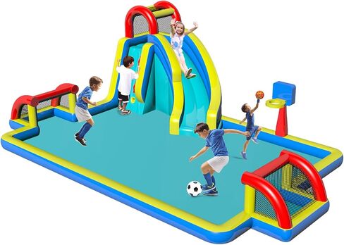 Inflatable Bounce House,Water Bounce House with Slide Double Soccer Goal,Big Splash Pool,Basketball Hoop,Climb Wall,Outdoor Bouncer with Air Blower for Kids 3-10 in Saudi Arabia