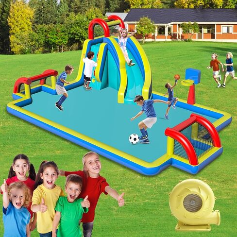 Inflatable Bounce House,Water Bounce House with Slide Double Soccer Goal,Big Splash Pool,Basketball Hoop,Climb Wall,Outdoor Bouncer with Air Blower for Kids 3-10 in Saudi Arabia