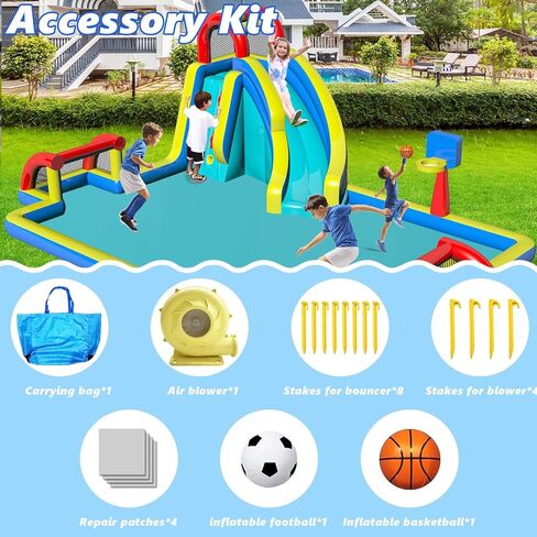 Inflatable Bounce House,Water Bounce House with Slide Double Soccer Goal,Big Splash Pool,Basketball Hoop,Climb Wall,Outdoor Bouncer with Air Blower for Kids 3-10 in Saudi Arabia