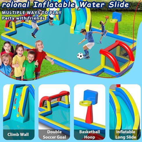 Inflatable Bounce House,Water Bounce House with Slide Double Soccer Goal,Big Splash Pool,Basketball Hoop,Climb Wall,Outdoor Bouncer with Air Blower for Kids 3-10 in Saudi Arabia