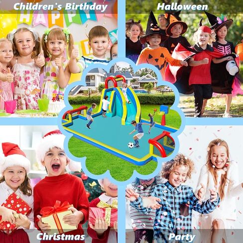Inflatable Bounce House,Water Bounce House with Slide Double Soccer Goal,Big Splash Pool,Basketball Hoop,Climb Wall,Outdoor Bouncer with Air Blower for Kids 3-10 in Saudi Arabia