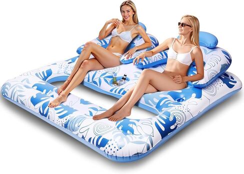 2-Person Inflatable Pool Floats Adults, 2-in-1 Floating Lounger with UPF 50+ Canopy, Backrest, Cup Holders & Cooler, Heavy Duty Rip Resistant PVC, 2 Air Chambers 330lbs for Pool Beach River Lake in Saudi Arabia