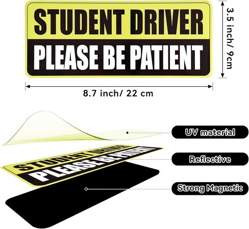 3 Pcs Student Driver Car Magnets, Magnetic Student Driver Stickers for Cars, Reflective Magnet Bumper Sticker for New Drivers, Removable Rectangular Safety Sign for Novice in Saudi Arabia