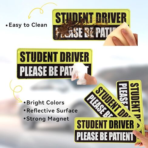 3 Pcs Student Driver Car Magnets, Magnetic Student Driver Stickers for Cars, Reflective Magnet Bumper Sticker for New Drivers, Removable Rectangular Safety Sign for Novice in Saudi Arabia