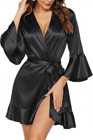 Ekouaer Women's Satin Robe Short Ruffle Hem Silky Robes Lightweight Kimono Brides Bathrobes Sleepwear XS-XXL in Saudi Arabia