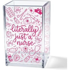 Literally Just a Nurse Funny Sarcastic Acrylic Pen Holder for Desk, Pink Bow Desk Organizer Decor for RN CNA NP, Clinic Hospital Nurse Appreciation Gifts, Nursing Graduation Gifts for Students in Saudi Arabia